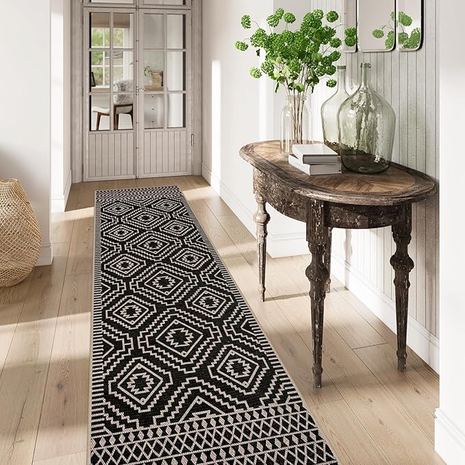 Lahome Bijou Moroccan Easy Jute Runner Rug, 2x8 Washable Hallway Kitchen Runner Black Outdoor Rug with Rubber Backing, Farmhouse Indoor Outdoor Carpet for Hallway 8ft Entryway Porch