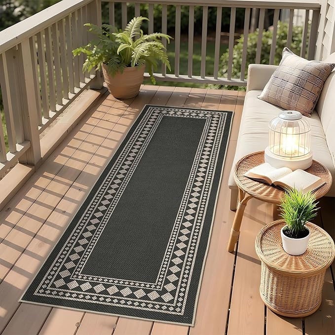 GarveeHome Jute Runner Rug 2x6 Washable Easy Jute Rug Non-Slip, Modern Bordered Indoor Outdoor Floor Mats, Easy Cleaning Geometric Neutarl Rugs for Kitchen Bedroom Balcony Entryway Porch, Black