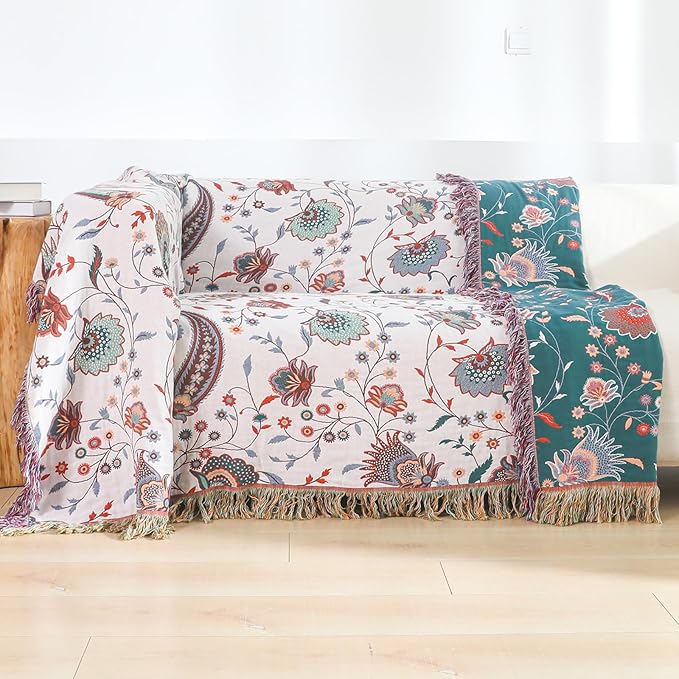 Boho Throw Blanket for Bed,100% Ultra Cotton Soft Breathable Bed Throw Floral Printed Farmhouse Decor Rustic Bed Throws for Couch Sofa Quilt White Flowers 90" x 98"