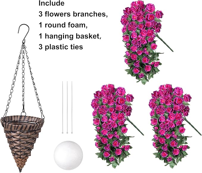 Artificial Geraniums Flowers Fake Hanging Baskets for Spring Outdoor Decor, Faux Hanging Plants Outdoors in Planter Silk Vines UV Resistant Look Real for Outside Garden Balcony Patio Porch, Fuchsia