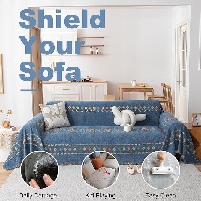 VClife Boho Couch Cover Blue Geometric Jacquard Pattern Sofa Cover, 1 Piece Large Couch Covers for 3 Cushion Couch Sofa Washable Plush Chenille Sofa Protector for Living Room, 71x134 Inch