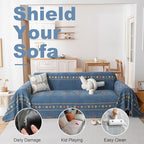 VClife Boho Couch Cover Blue Geometric Jacquard Pattern Sofa Cover, 1 Piece Large Couch Covers for 2 Cushion Couch Sofa Washable Plush Chenille Sofa Protector for Living Room, 71x118 Inch