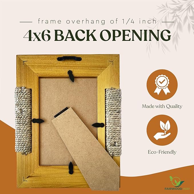 Boho Wooden Picture Frame with Wicker Accent | For 4x6 Photo or Artwork | 7x9 Inch Outer Edge | Bohemian, Coastal or Biophilic Style, Wall & Tabletop Decor Picture Frame, All Natural Wood & Seagrass | Golden Brown
