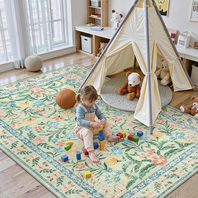 Lahome Sylvie Washable 5x7 Area Rugs, Boho Pink and Green Floral Living Room Rug Non Slip, Vintage Girls Bedroom Indoor Carpet for Nursery Playroom Kitchen, Green/Multi