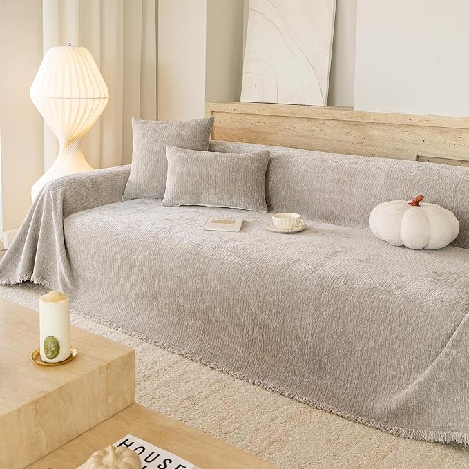 ROOMLIFE Sofa Cover, Boho Couch Cover for 3 Cushion Sofa, Non Slip Chenille Sofa Slipcovers for Dog, Washable Furniture Sofa Protector Cover with Tassel for Living Room, 71''X118”