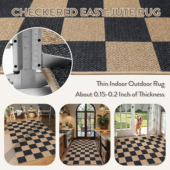 Lahome Colette Checkered Easy Jute Carpet, 3x5 Outdoor Patio Rug Washable Rugs for Entryway Checkerboard Indoor Outdoor Living Room Carpet, Farmhouse Neutral Non Slip Black Door Mat for Bedroom