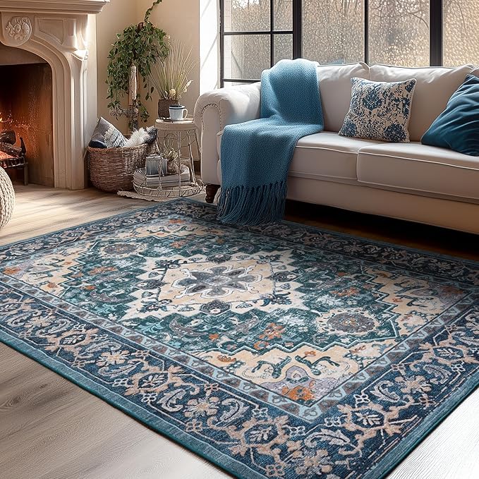 Lessymo Area Rug 6x9, Machine Washable Area Rugs, Super Soft Faux-Wool Area Rugs for Living Room Bedroom Kitchen, Boho Vintage Floral, Non-Slip Low Pile, Kid & Pet Friendly, Dark Green