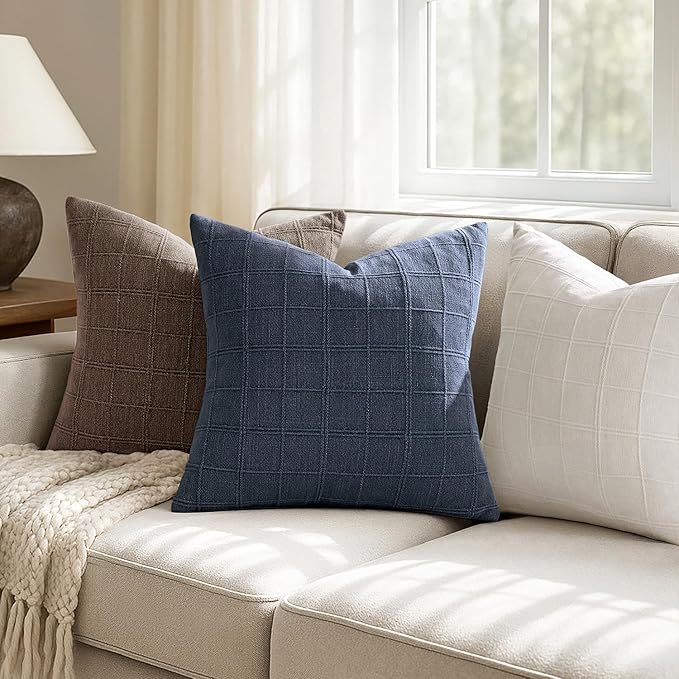 Woaboy Linen Check Throw Pillow Covers Dark Blue Farmhouse Modern Boho Vintage Coastal 20x20 Inch Set of 2 Decorative Cushion Covers for Sofa Couch Bedroom Living Room Home Decor
