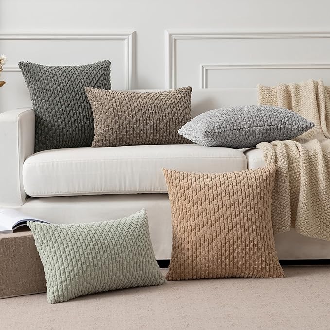 Kevin Textile 12x24 Inch Pillow Cover 1 Pack Boho Decorative Soft Striped Corduroy Lumbar Farmhouse Color Accent Rectangle Cushion Case for Living Room Couch Sofa Bed, Light Brown