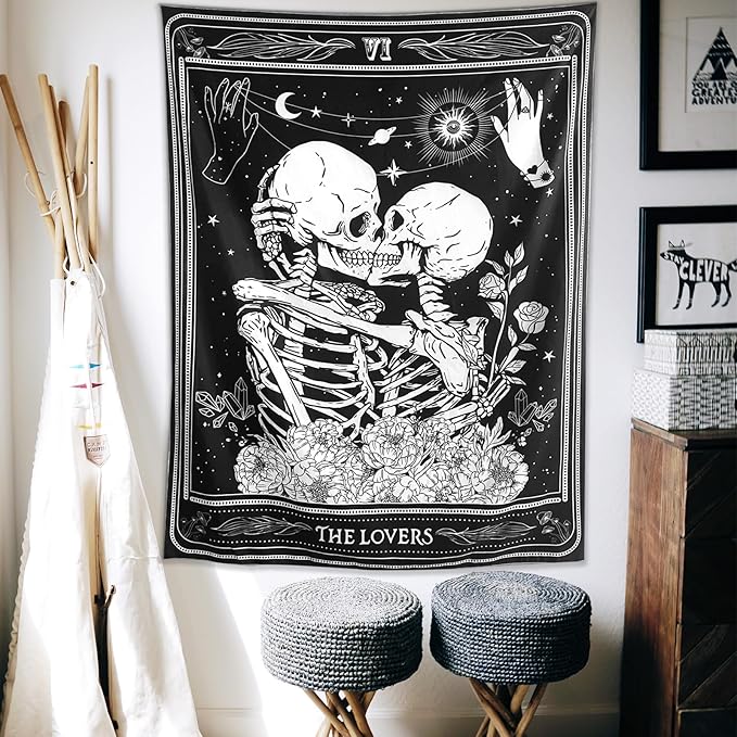 KJHL The Lovers Skull Tapestry Wall Hanging Black Gothic Witchy Tapestry Dark Vertical Skeleton Tapestries Aesthetic for Bedroom Living Room Decor 48ʺ x 36ʺ