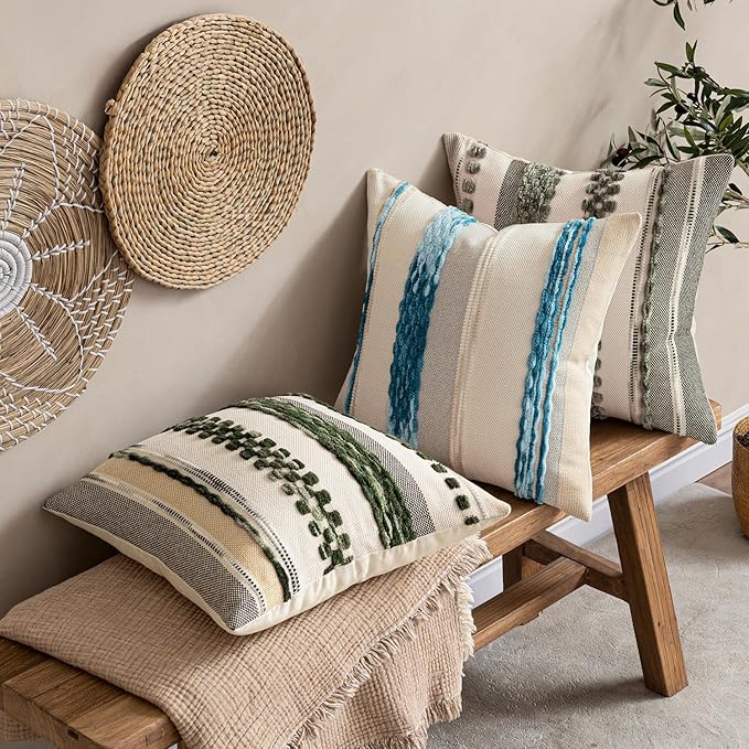 ANRODUO Pack of 2 Boho Decorative Throw Pillow Covers 24x24 Farmhouse Cushion Case Striped Chenille Pillow Cases Square Pillow Covers Accent Neutral Pillowcase for Sofa Couch Bed, Olive Green Stripe