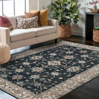 Area Rugs for Living Room Bedroom, Washable Rug, Black Vintage Floral Boho Rug, Non Slip & Low Pile Faux Wool Accent Carpet for Indoor Dining Room, Kids Room and Office(Black 4x6ft)