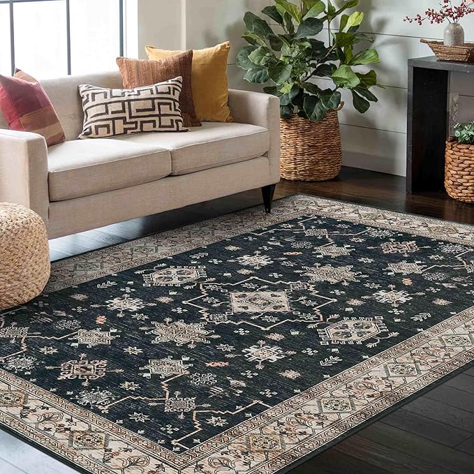 Area Rugs for Living Room Bedroom, Washable Rug, Black Vintage Floral Boho Rug, Non Slip & Low Pile Faux Wool Accent Carpet for Indoor Dining Room, Kids Room and Office(Black 4x6ft)
