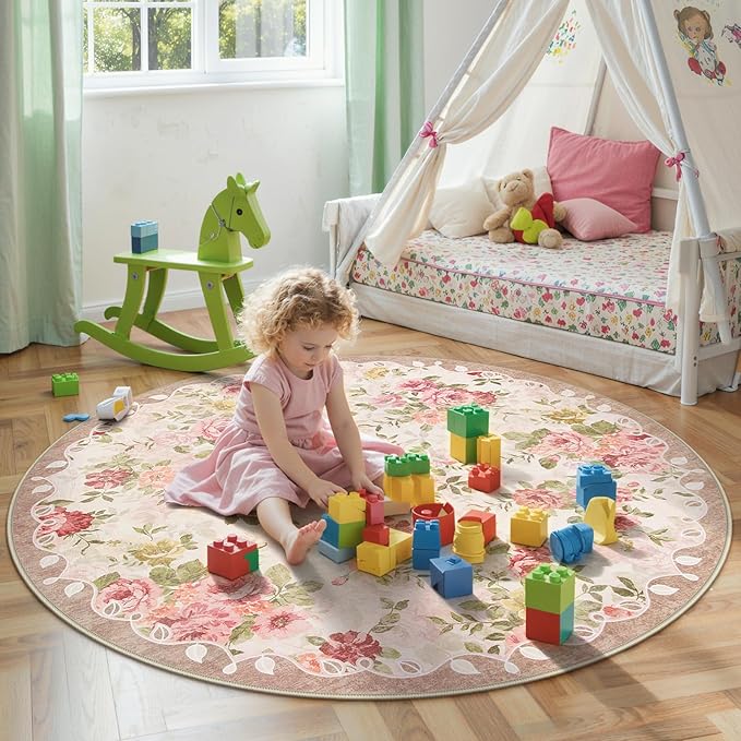 Lahome Floral Boho Round Rugs 6ft,Washable Round Rug for Dining Room Table,Circle Rugs for Living Room Large Round Carpet for Bedroom,Playroom,Nursery,Reading Corner Nina