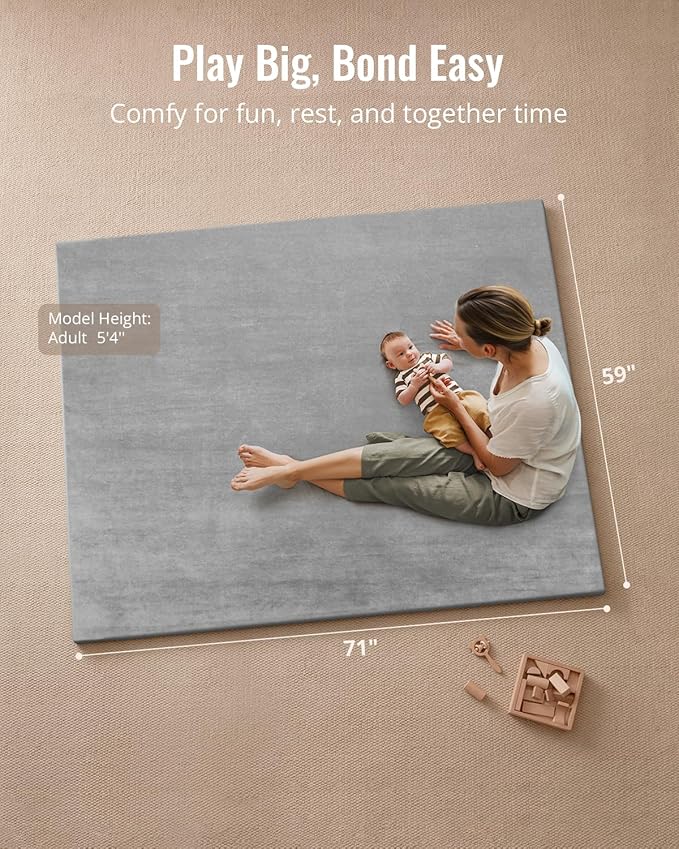 Blissful Diary 1.3" Thick Baby Play Mat, 71x59 Playpen Mat with Removable & Washable Cover, Extra Large Crawling Rug for Floor, Foam Cushion & Non-Slip Backing for Kid, Toddler and Infants, Light Grey