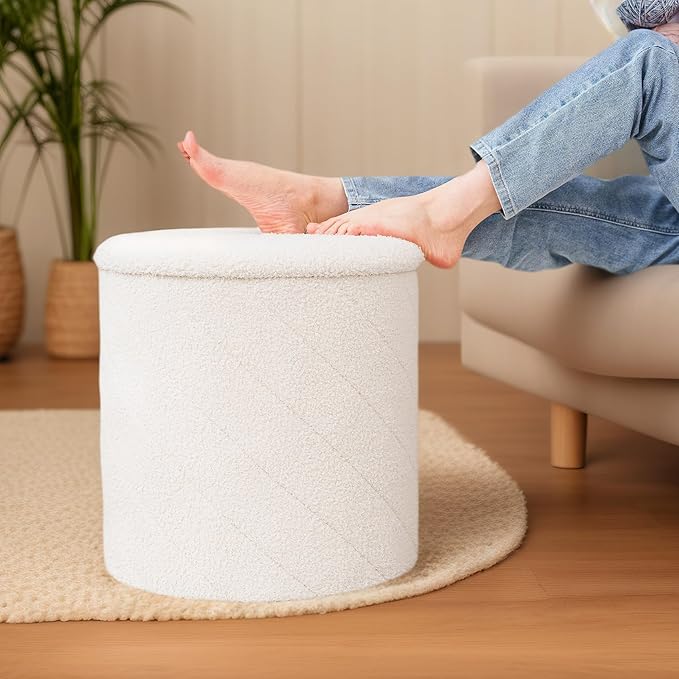 B FSOBEIIALEO Ottoman with Stroage, Boucle Round Storage Ottoman with Tray, Foot Rest Stool for Dorm Room, Living Room White, 16.93"x16.93"x17.72"