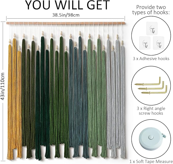 KHOYIME Macrame Wall Hanging Large Boho Home Decor Aesthetic, Bohemian Green Tassels Tapestry Modern Handmade Artwork Chic Wall Art Decorations for Living Dining Room Bedroom Nursery Office 38.5"x43"