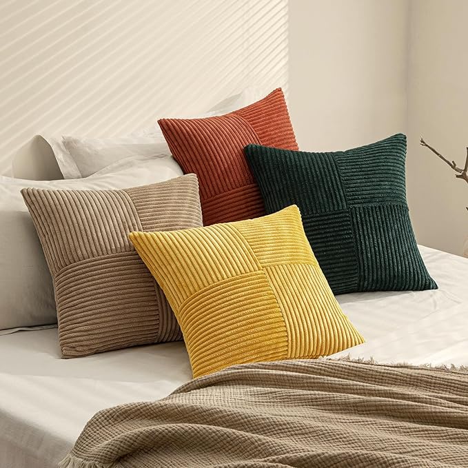 MIULEE Green Rust Throw Pillow Covers 20x20 Inch Set of 4 Boho Farmhouse Soft Corduroy Striped Cushion Cases Decorative Color-Clash Home Decor for Couch Sofa Living Room Bed