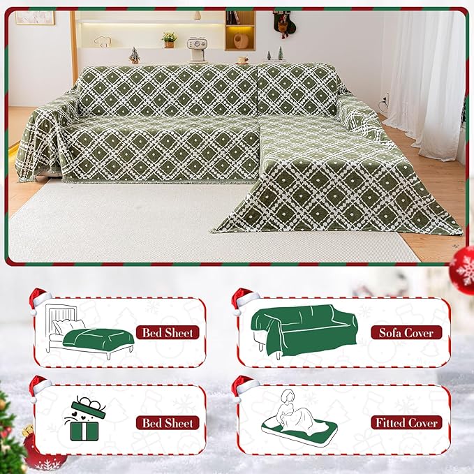 Reversible Couch Cover Blanket, Christmas Couch Cover, Chenille Sofa Cover Blanket, Christmas Sofa Covers Washable, 71"×118" Couch Covers for Recliner & Chair (1PC, Green, 2-3 Seater Sofas)