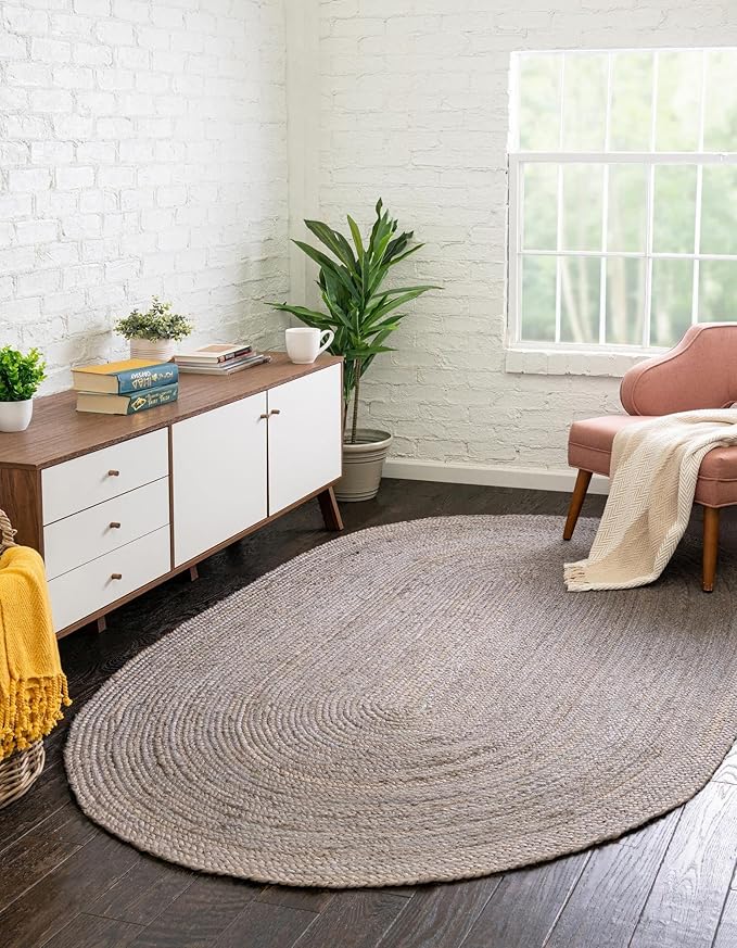 Unique Loom Braided Jute Collection Area Rug - Dhaka (8' x 10' Oval, Gray)
