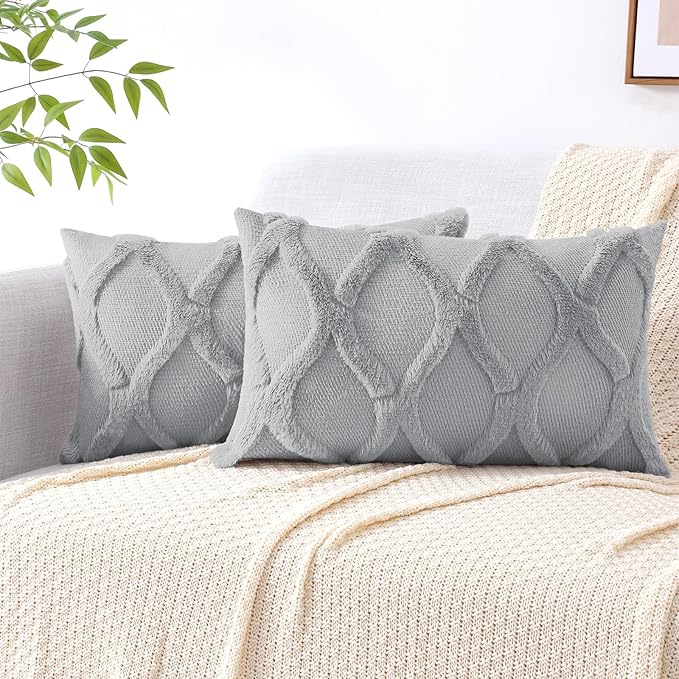 decorUhome Spring Throw Pillow Covers 12x20 Inch Set of 2, Soft Plush Faux Fur Wool Lumbar Grey Accent Couch Pillow Covers for Modern Farmhouse Bed Sofa Living Room