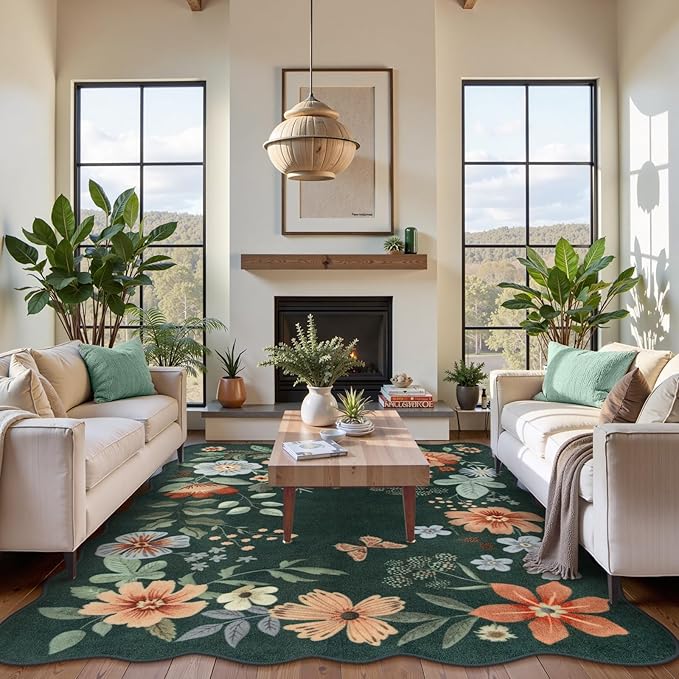 Lahome Floral Washable Rugs 8x10, Non-Slip Soft Bedroom Rug Stain Resistant, Ultra-Thin 8x10 Rugs for Living Room Boho Accent Carpet for Dining Room Office Flore (8x10ft,Dark Green)
