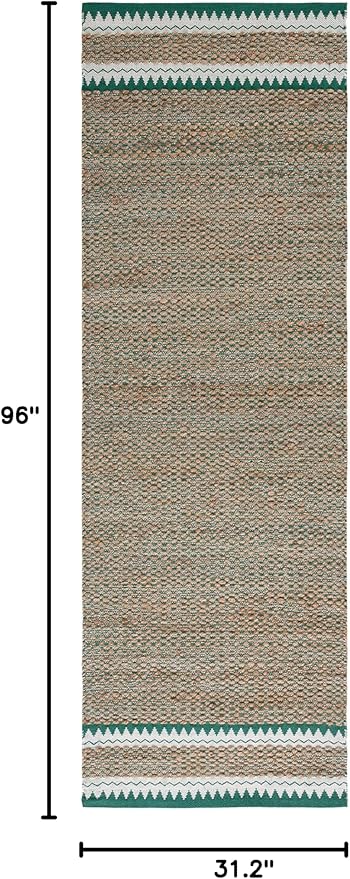 SAFAVIEH Natural Fiber Collection Runner Rug - 2'6" x 8', Natural & Green, Handmade Farmhouse Boho Coastal Rustic Jute, Ideal for High Traffic Areas in Living Room, Bedroom (NF874Y)