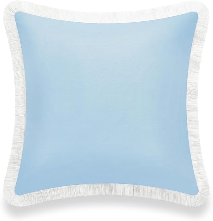 Hofdeco Premium Coastal Hampton Style Patio Indoor Outdoor Pillow Cover Only, 20"x20" Water Resistant for Backyard, Couch, Solid Baby Blue White Fringe