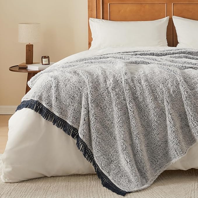 EMME Soft Sherpa Fleece Blanket with Tassel, Reversible Plush Fluffy Large Blanket, Light Weight Warm Decorative Boho Blanket Cover for Sofa, Couch, Bedroom,Travel(Tassel Navy,108"x90")