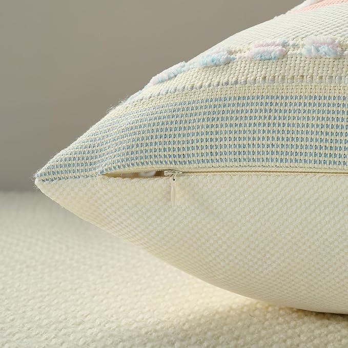 FUTEI Pink Blue Decorative Throw Pillow Covers 20x20 Inch Set of 2, Soft Tufted Striped Textured Accent Cushion Case,Boho Pillows for Couch Decor
