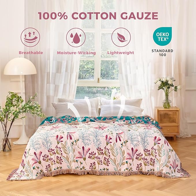Boho Throw Blanket for Bed Cotton Spring Blankets Bedroom Living Room Twin All Season Lightweight Floral Embroidery Quilt for Couch Sofa Chair 60"x80"