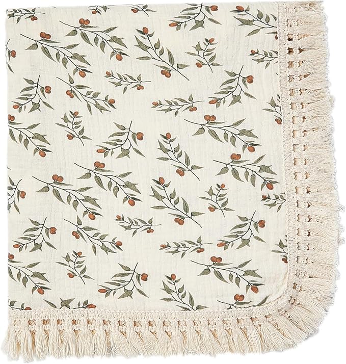 insular Cotton Muslin Baby Blanket with Tassel, Boho Bohemian Muslin Swaddle Blanket Baby Receiving Blanket with Fringe, Nursery Decor Throw or Nursing Blankets, 47" x40”, Cherry