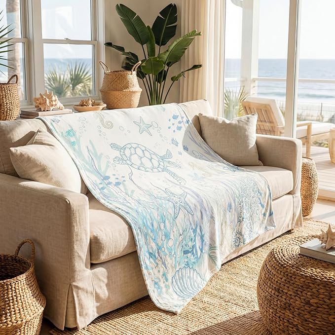 Coastal Sea Turtle Throw Blanket Nautical Beach Fleece Blanket Blue White Ocean Blankets for Couch Bed Tropical Cozy Soft Throw Decoration Warm Gift for Summer, 50 x 60 Inches