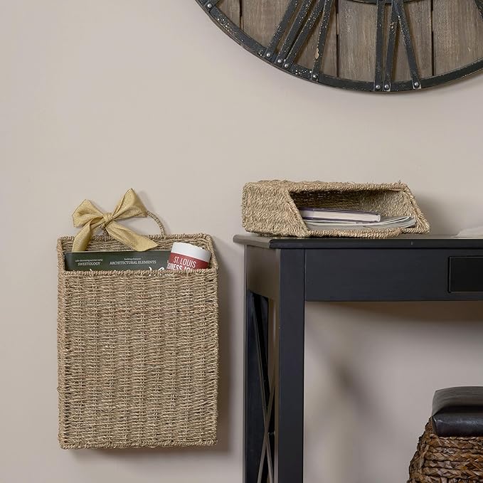 Rectangular Wicker Hanging Baskets, Set of 2, Small and Large, Handwoven Seagrass, Durable Metal Wire Frame, Multipurpose and Contemporary, Perfect for Organizing Newspapers, Mail and More, Natural