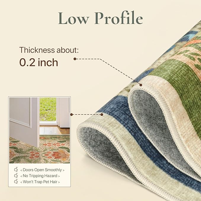 Bavni 2'6''x6 Runner Rug,Microfiber Washable Non-Slip Vintage Floral Rugs,Low Pile Lightweight Carpet for Bedroom,Hallway,Entryway,Kitchen,Bathroom, Sage Green & Burnt Orange
