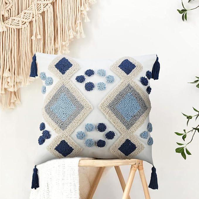 Blue Boho Decorative Lumbar Pillow Cover 18x18, Neutral Tufted Throw Pillow Cover, Modern Mid Century Farmhouse Pillow Cover Geometric Pillowcase with Tassels for Couch Bed Sofa Bedroom Living Room