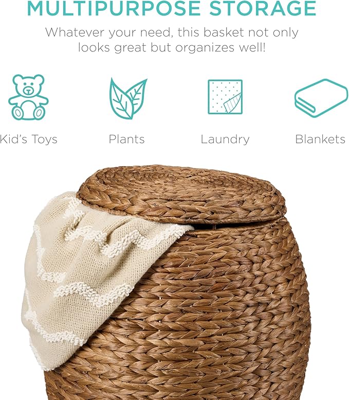 Best Choice Products Multipurpose Hyacinth Storage Basket, Plant Décor, Handwoven Organizer Tote for Bedroom, Living Room, Nursery, w/Lid - Chestnut