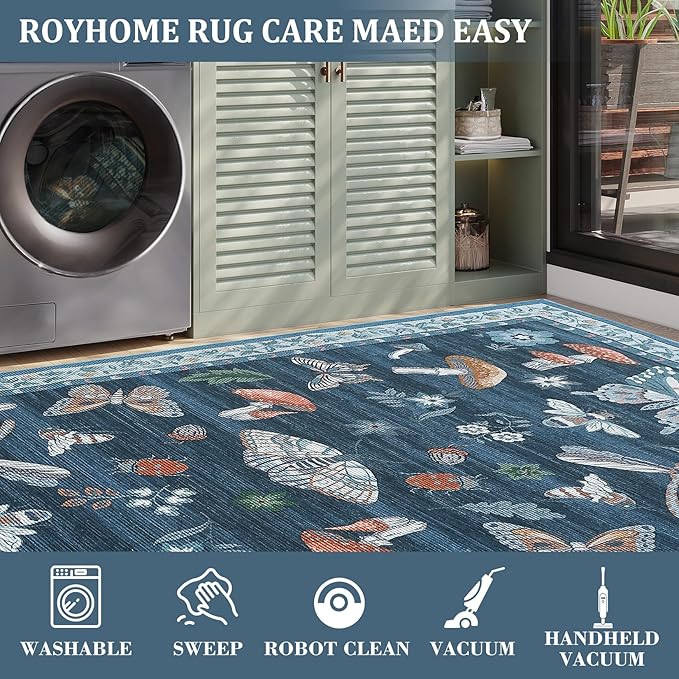 Washable Rug 5x7 Area Rugs for Living Room, Mushroom Insect Rug for Bedroom, 5x7 Rug Non Slip Throw Rugs with Rubber Back, Low Pile Stain Resistant Modern Carpet for Dining Room Dorm,Blue