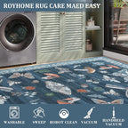 Washable Rug 5x7 Area Rugs for Living Room, Mushroom Insect Rug for Bedroom, 5x7 Rug Non Slip Throw Rugs with Rubber Back, Low Pile Stain Resistant Modern Carpet for Dining Room Dorm,Blue