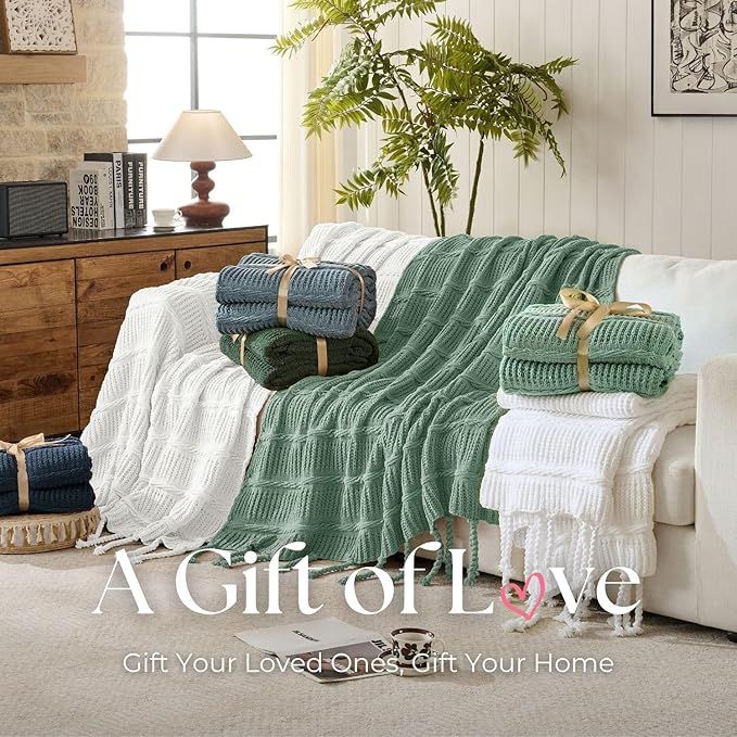 Boho Knitted Chenille Blanket with Tassels - Lightweight & Soft All-Season Throw - 3D Classic Pattern for Living Room Bedroom Couch, Cloud White, King 90"x108"