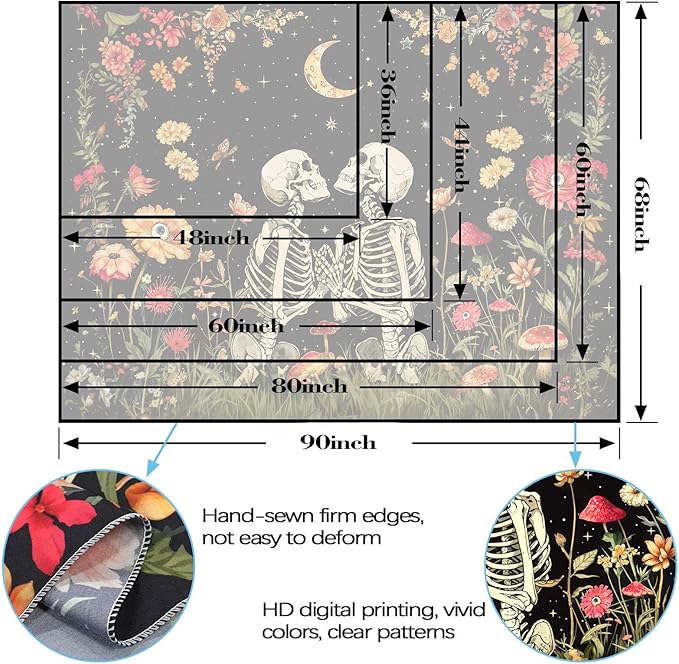 Wegklazax Floral Skeleton Lovers Gothic Wall Hanging for Bedroom & Living Room - Skull Tapestry 60x80 Inches