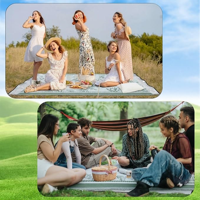 91x 71 in Extra Large Outdoor Picnic Blanket with Waterproof Mat Oversize Beach Woven Cotton Yarn Blanket with Fringe Machine Sandproof for Spring Summer Camping Beach Park(Plants,Green)