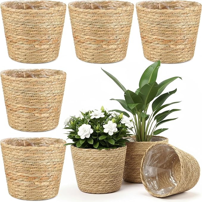 6 Pcs Seagrass Plant Basket with Plastic Liners Woven Stylish Planter Baskets Bulk Indoor Outdoor Plants Woven Wicker Baskets for Flower Pots Cover and Room Decor Small (Small,Rustic)