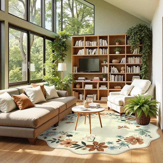 Lahome Floral Washable Round Area Rug, Round Rug 5ft Soft Non-Slip, Non-Shedding Boho Circle Carpet for Bedroom Living Room Bathroom Nursery Kitchen Flore, Beige
