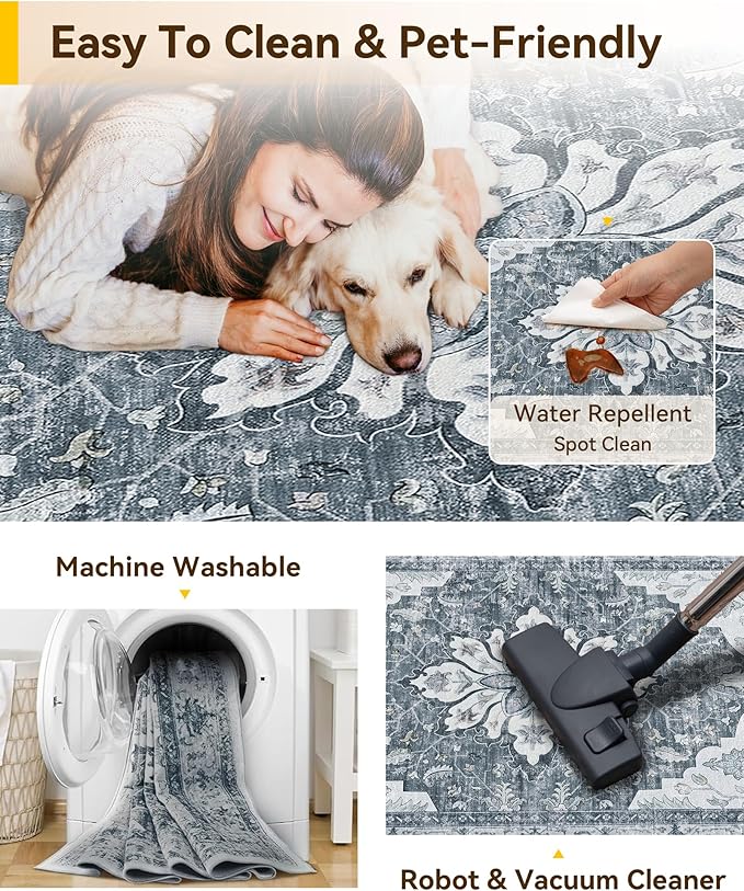 Area Rugs 2'x8' Runner Rug Non Slip Washable for Kitchen Hallway Bedroom Beside Laundry Room Bathroom Rug, Floor Carpet, Light Gray Grey White