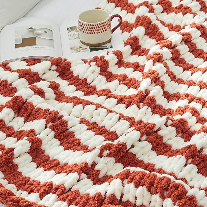 Amélie Home Chunky Knit Throw Blanket for Couch, Soft Chenille Crochet Blanket for Sofa, 50"x60", Burnt Orange & White Striped