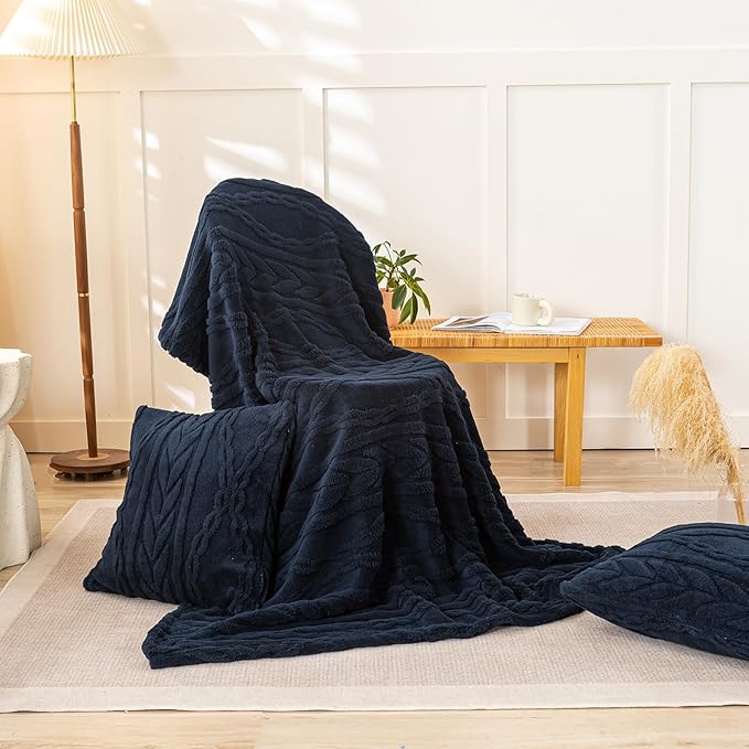 YUSOKI Sherpa Large Throw Blanket Single Layer,Light Weight(1.7lb),370GMS-3D Stylish Design for Gift Home Decor (Navy,50"x65")
