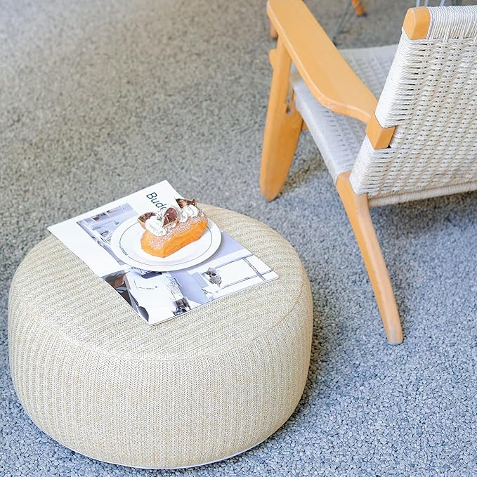 Woven Inflatable Ottoman with Air Pump D21”x H10” Outdoor Indoor Pouf Patio Footrest Stool with Portable Handle, Round Ottoman for Patio Garden, Camping, Bedroom, Living Room Natural Color