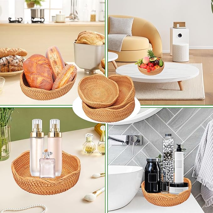 3 PCS Rattan Bread Basket - 3 Size Authentic Handmade Decorative Woven Baskets for Kitchen, Round Rattan Fruit Baskets Bowls for Table, Kitchen Decor