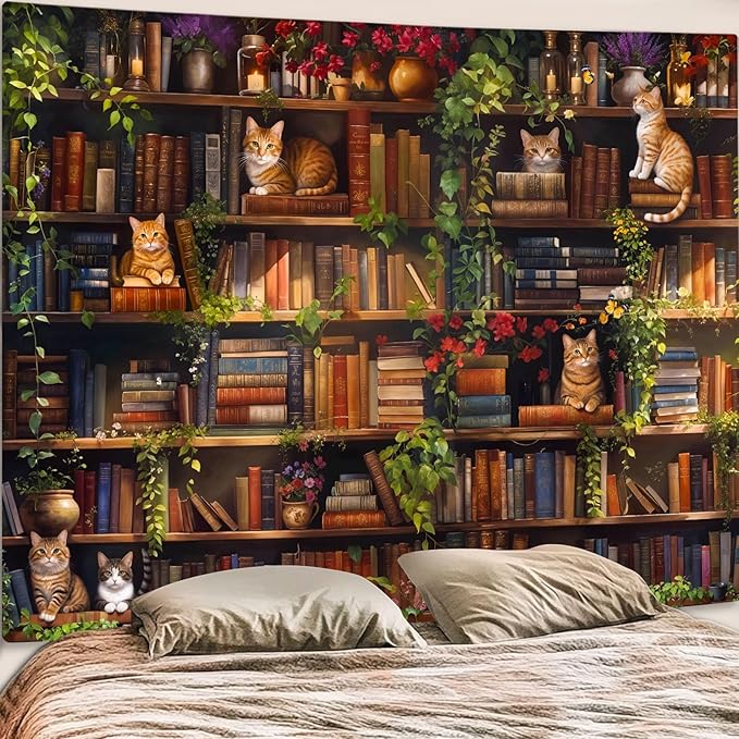 Accnicc Plant Cat Bookshelf Tapestry Botanical Floral Flower Cats Book Tapestries Wall Hanging Vintage Library Large Tapestry for Bedroom Living Room Dorm 80 x 60 inch